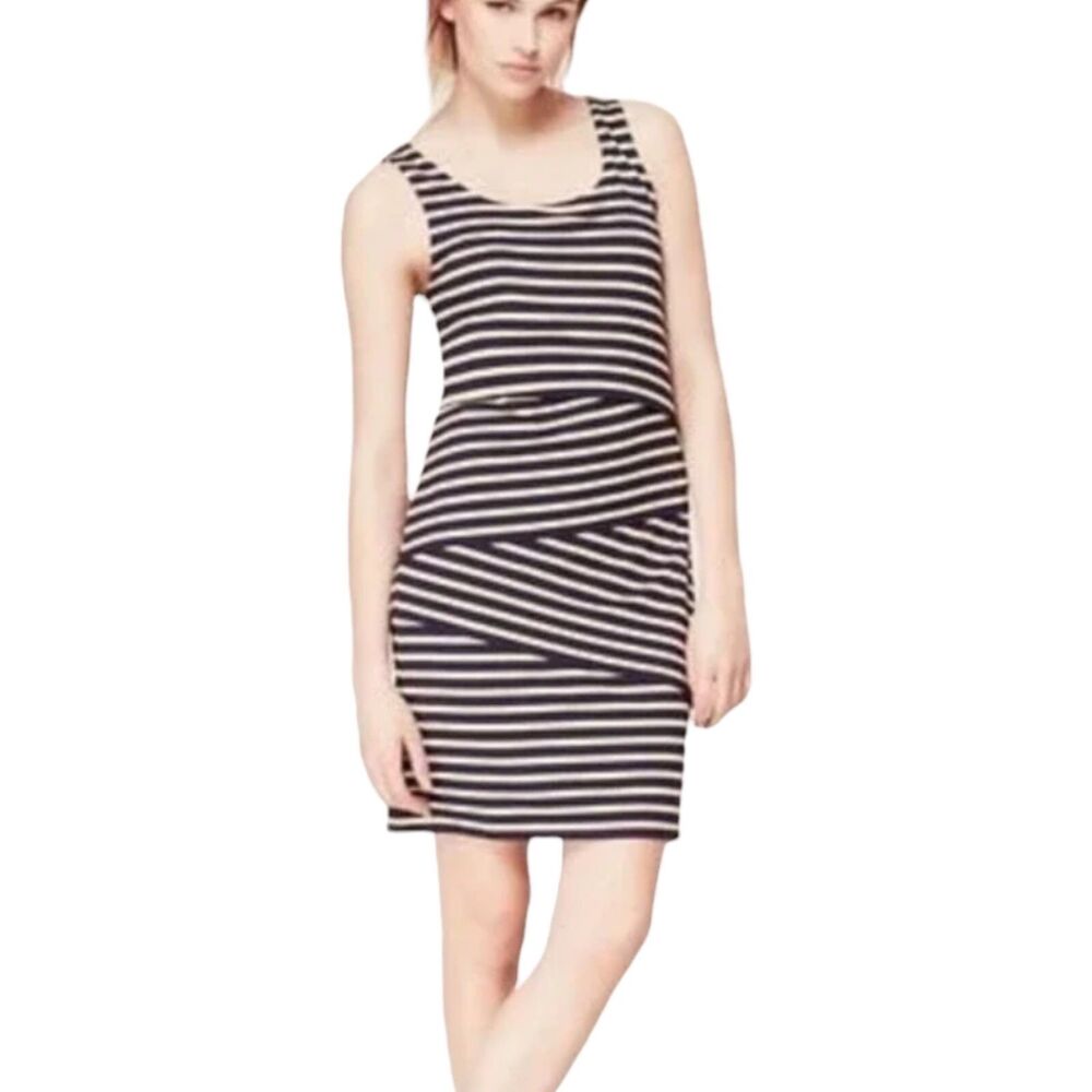 LOFT Asymmetrical Layered Black Tan Cream Beige Striped Tank Dress Petite Medium